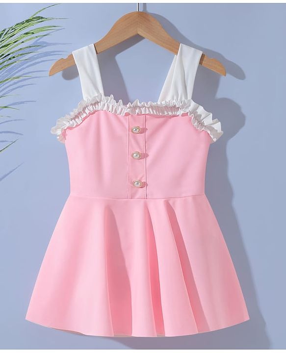 Pine Kids Sleeveless Solid Frock Swimsuit  with Fril Detailing - Pink