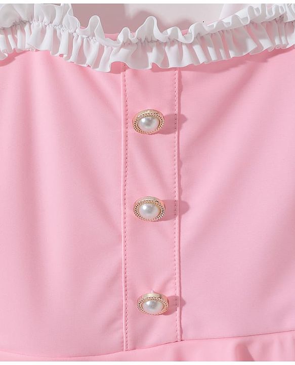 Pine Kids Sleeveless Solid Frock Swimsuit  with Fril Detailing - Pink