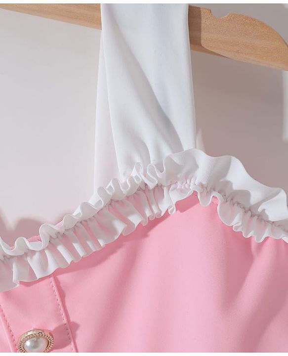 Pine Kids Sleeveless Solid Frock Swimsuit  with Fril Detailing - Pink