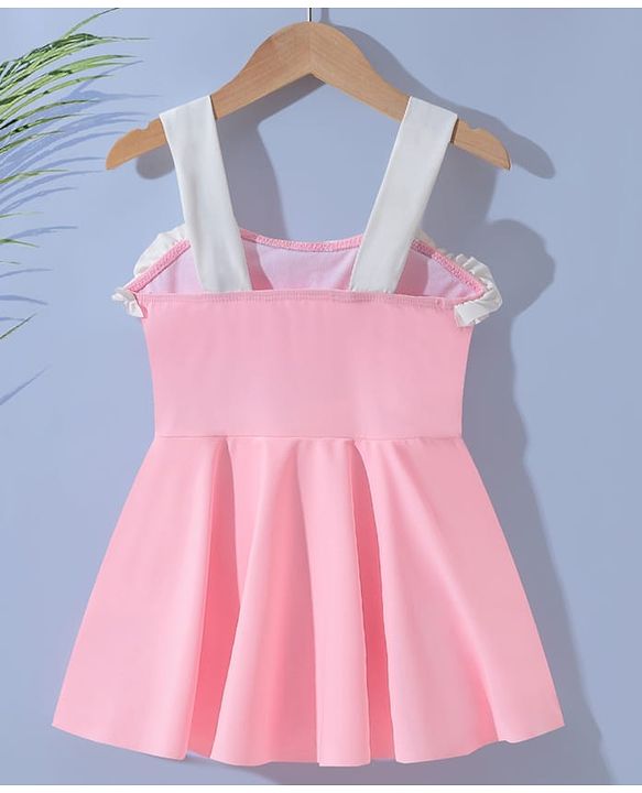 Pine Kids Sleeveless Solid Frock Swimsuit  with Fril Detailing - Pink
