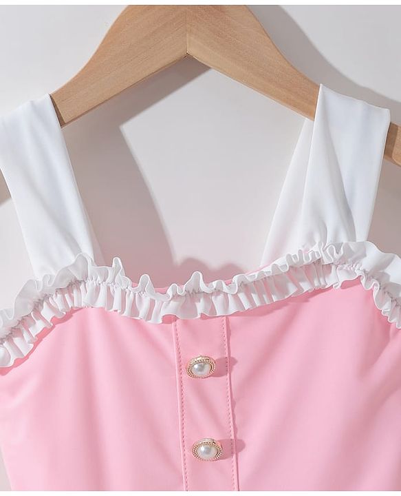 Pine Kids Sleeveless Solid Frock Swimsuit  with Fril Detailing - Pink