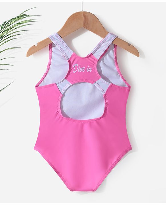 Pine Active Sleeveless  V Cut Swimsuit with Text Print - Pink