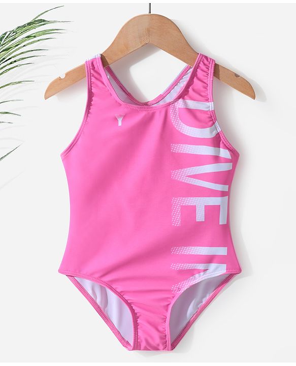 Pine Active Sleeveless  V Cut Swimsuit with Text Print - Pink