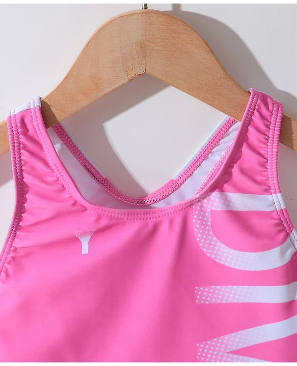 Pine Active Sleeveless  V Cut Swimsuit with Text Print - Pink
