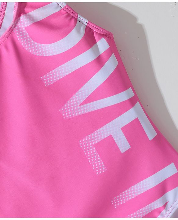 Pine Active Sleeveless  V Cut Swimsuit with Text Print - Pink
