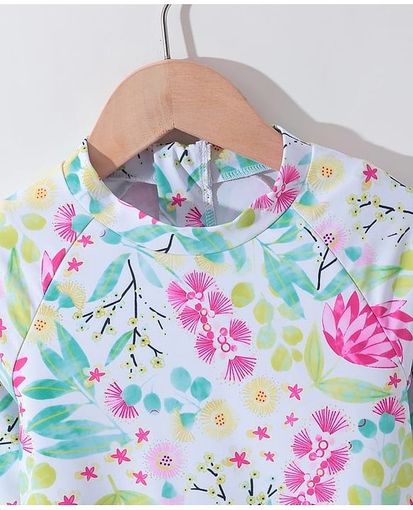 Pine Kids Full Sleeves V Cut Swimsuit with Cap Floral Print -  Multicolor