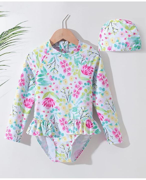 Pine Kids Full Sleeves V Cut Swimsuit with Cap Floral Print -  Multicolor