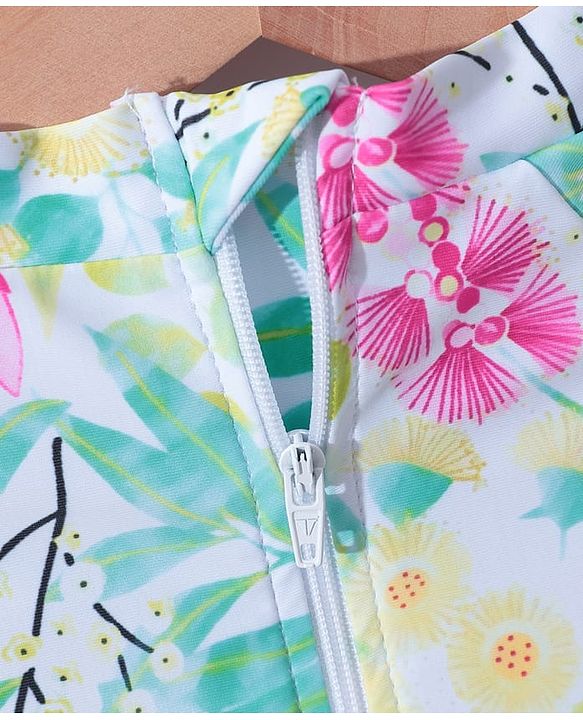 Pine Kids Full Sleeves V Cut Swimsuit with Cap Floral Print -  Multicolor