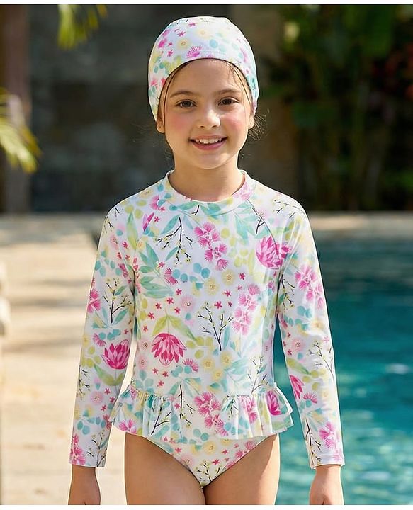 Pine Kids Full Sleeves V Cut Swimsuit with Cap Floral Print -  Multicolor