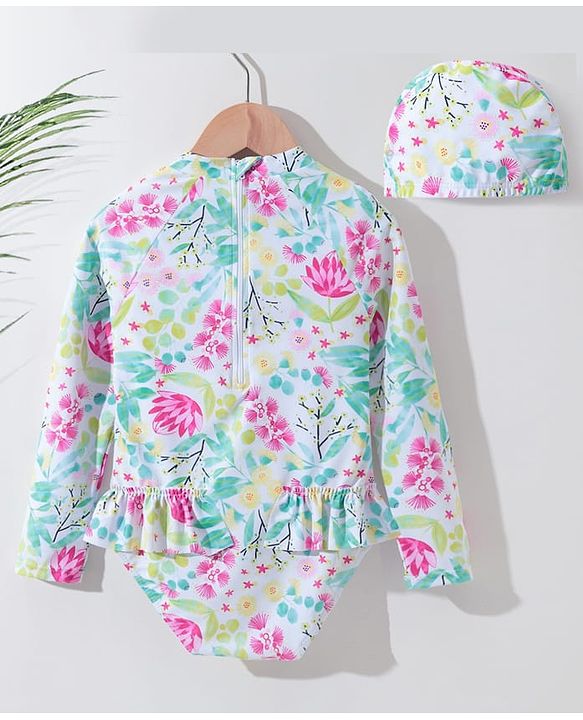 Pine Kids Full Sleeves V Cut Swimsuit with Cap Floral Print -  Multicolor