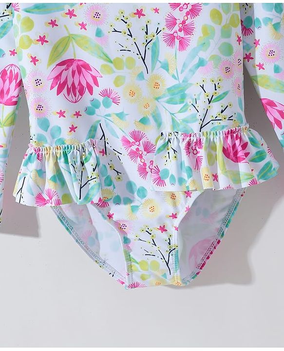 Pine Kids Full Sleeves V Cut Swimsuit with Cap Floral Print -  Multicolor