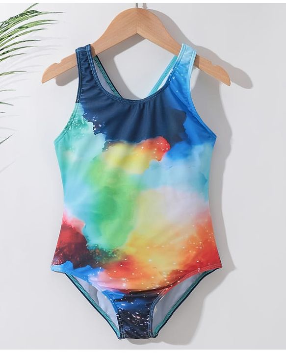 Pine Kids Sleeveless V Cut Swimsuit With Galaxy Print - Multicolor
