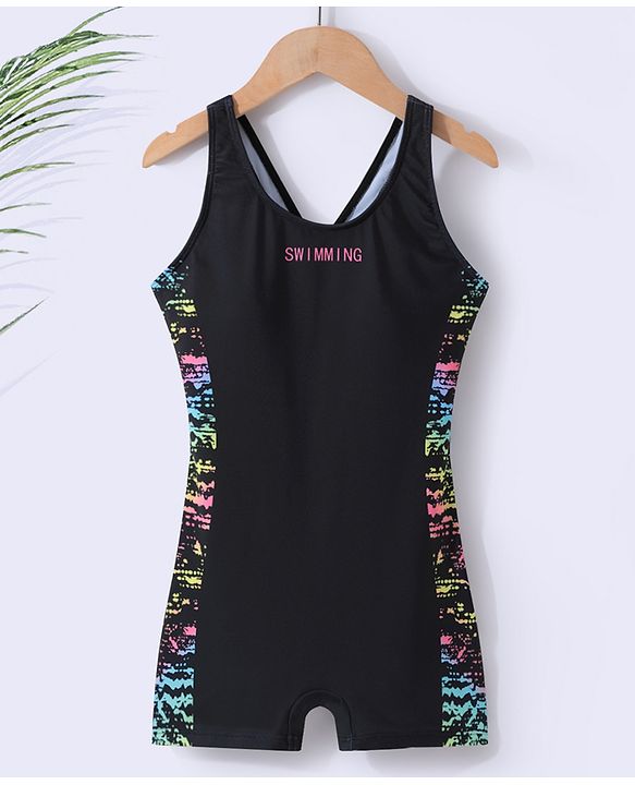 Pine Active Sleeveless Racer Back Legged Swimsuit with Text Print - Black