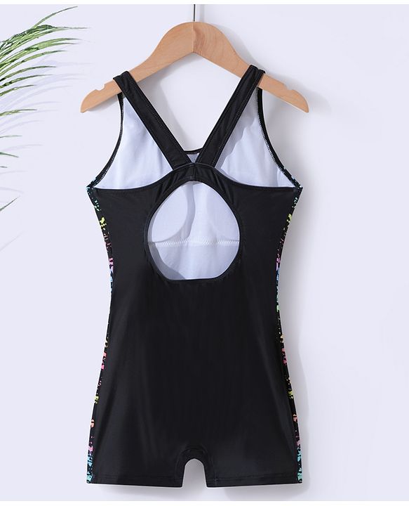 Pine Active Sleeveless Racer Back Legged Swimsuit with Text Print - Black