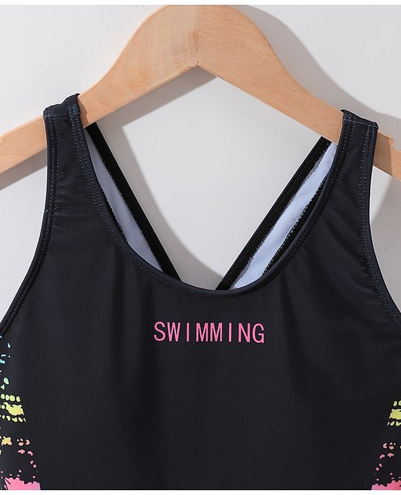 Pine Active Sleeveless Racer Back Legged Swimsuit with Text Print - Black