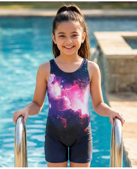 Pine Kids Sleeveless  Legged Swimsuit with Galaxy Theme Print - Navy Blue