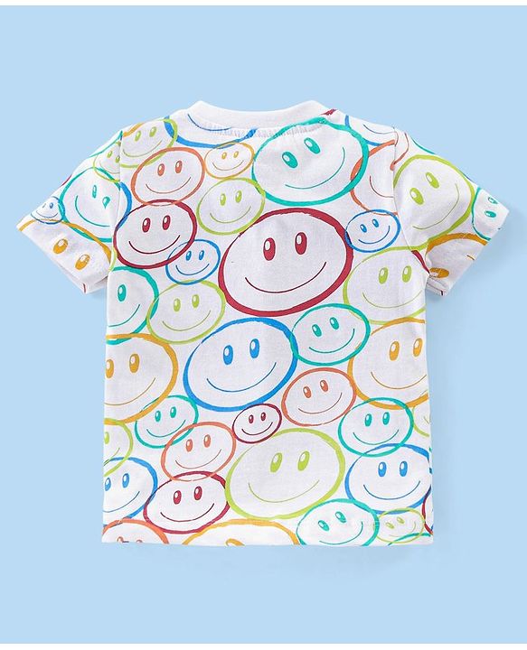 Babyhug Cotton Knit Half Sleeves Night Suit Smiley Print - White