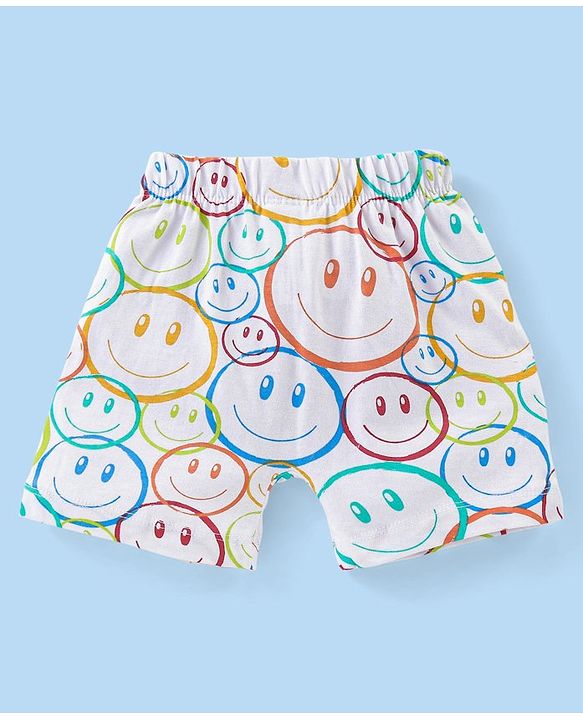 Babyhug Cotton Knit Half Sleeves Night Suit Smiley Print - White