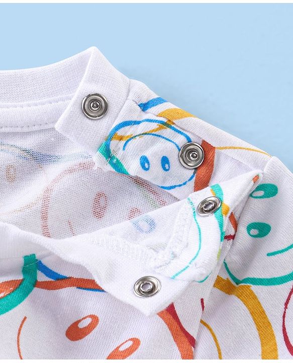 Babyhug Cotton Knit Half Sleeves Night Suit Smiley Print - White