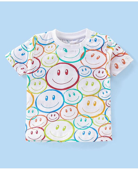 Babyhug Cotton Knit Half Sleeves Night Suit Smiley Print - White
