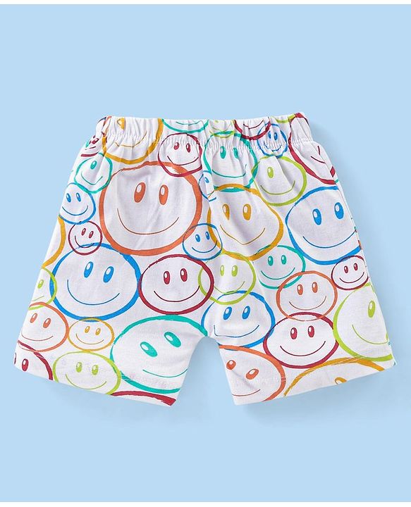 Babyhug Cotton Knit Half Sleeves Night Suit Smiley Print - White