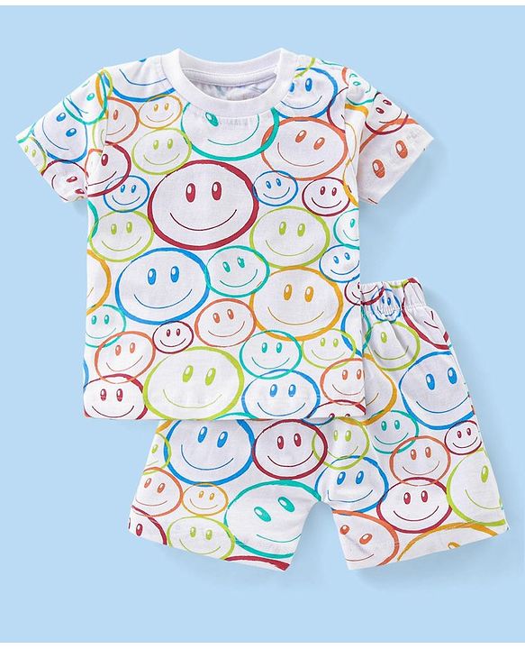 Babyhug Cotton Knit Half Sleeves Night Suit Smiley Print - White