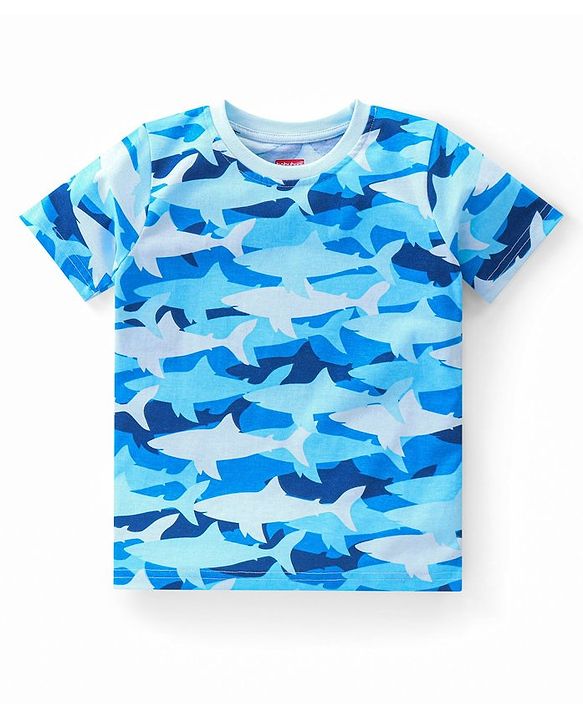 Babyhug Cotton Knit Half Sleeves Sharks Printed Night Suit - Blue