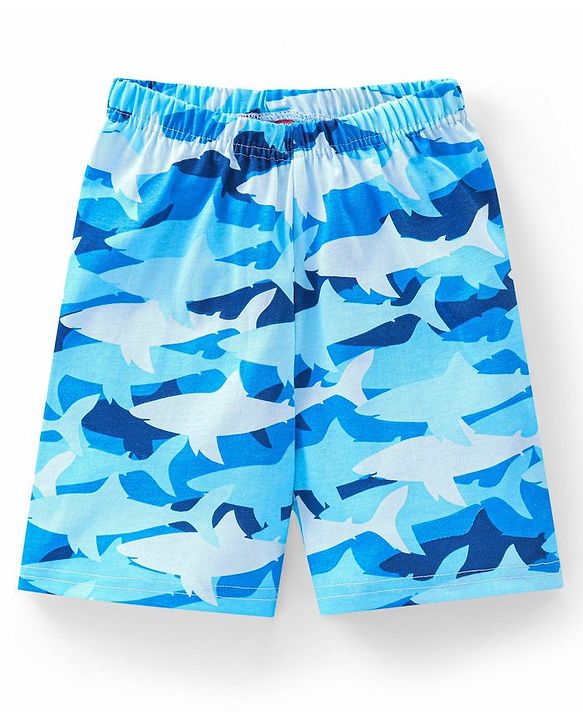 Babyhug Cotton Knit Half Sleeves Sharks Printed Night Suit - Blue