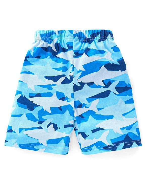 Babyhug Cotton Knit Half Sleeves Sharks Printed Night Suit - Blue