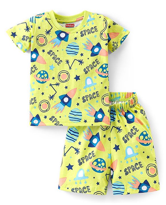 Babyhug Cotton Half Sleeves Night Suit Space Print - Green