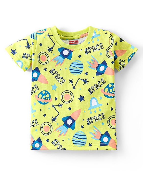 Babyhug Cotton Half Sleeves Night Suit Space Print - Green