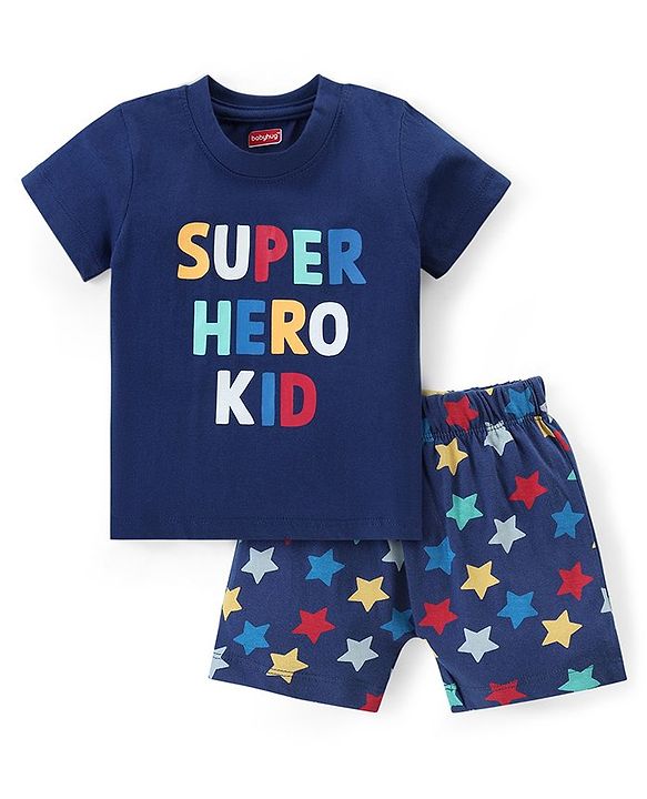 Babyhug Cotton Knit Half Sleeves Night Suit With Text & Stars Print - Navy