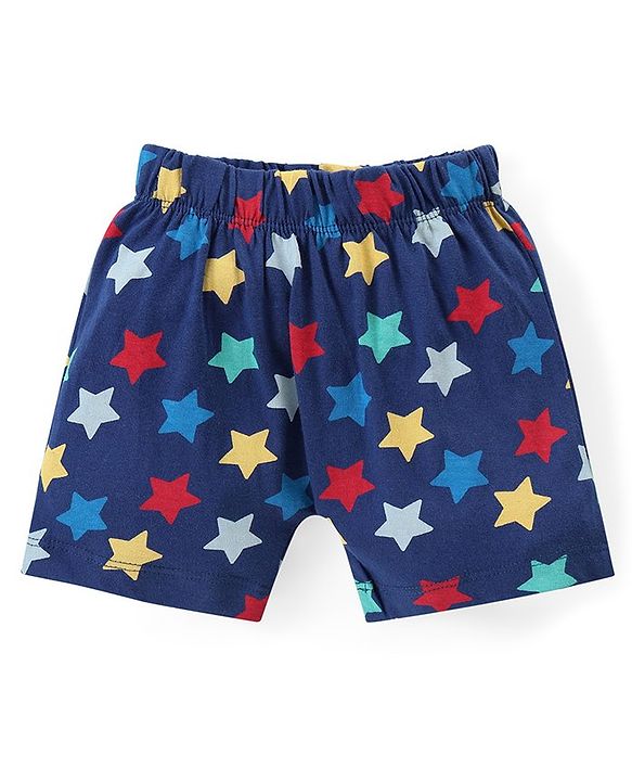 Babyhug Cotton Knit Half Sleeves Night Suit With Text & Stars Print - Navy