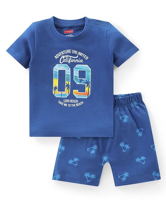 Babyhug Cotton Knit Half Sleeves Night Suit Palm Print - Navy Blue