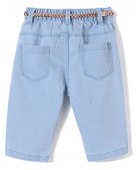 Babyhug Denim Capri Solid with Belt & Butterfly Applique - Light Blue