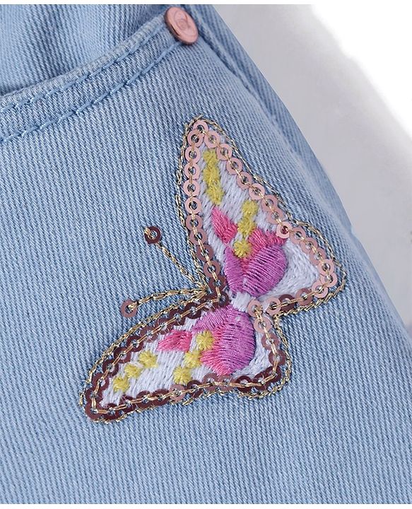 Babyhug Denim Capri Solid with Belt & Butterfly Applique - Light Blue