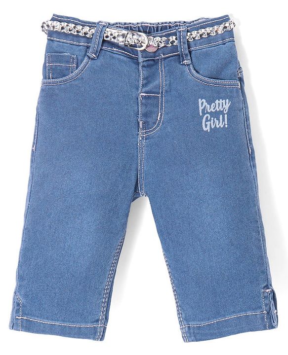 Babyhug Denim With Strech Capri & Belt Text Print - Blue