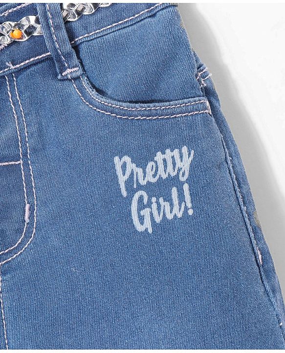 Babyhug Denim With Strech Capri & Belt Text Print - Blue