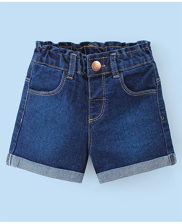 Babyhug Cotton Knit Single Jersey Frill Sleeves Top & Denim Shorts With Text Print - White & Navy Blue