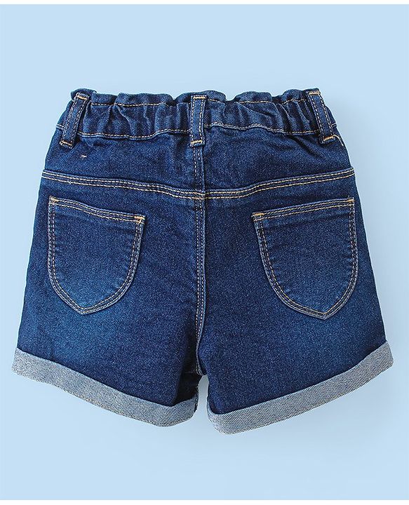 Babyhug Cotton Knit Single Jersey Frill Sleeves Top & Denim Shorts With Text Print - White & Navy Blue
