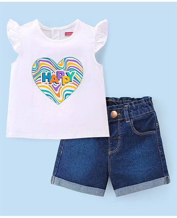 Babyhug Cotton Knit Single Jersey Frill Sleeves Top & Denim Shorts With Text Print - White & Navy Blue