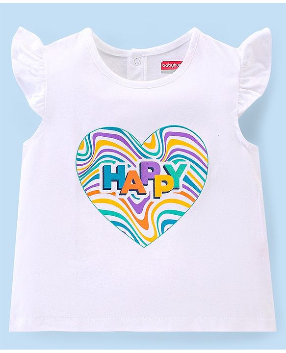 Babyhug Cotton Knit Single Jersey Frill Sleeves Top & Denim Shorts With Text Print - White & Navy Blue