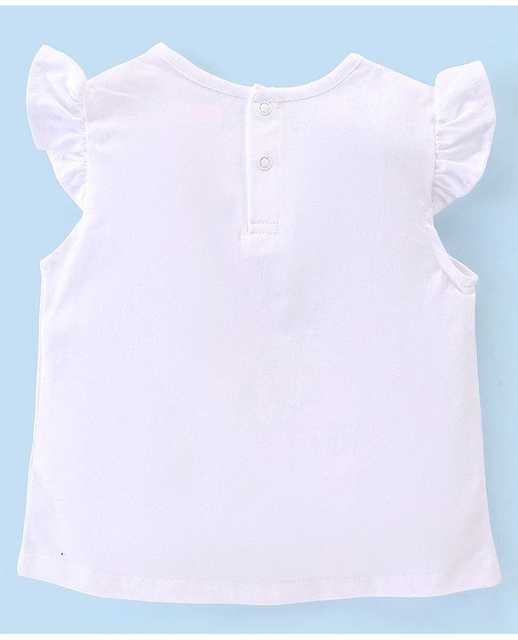 Babyhug Cotton Knit Single Jersey Frill Sleeves Top & Denim Shorts With Text Print - White & Navy Blue
