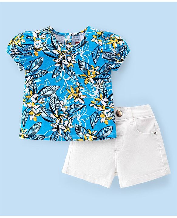 Babyhug 100% Cotton Knit Single Jersey Half Sleeves Top & Denim Shorts With Floral Print - White & Blue
