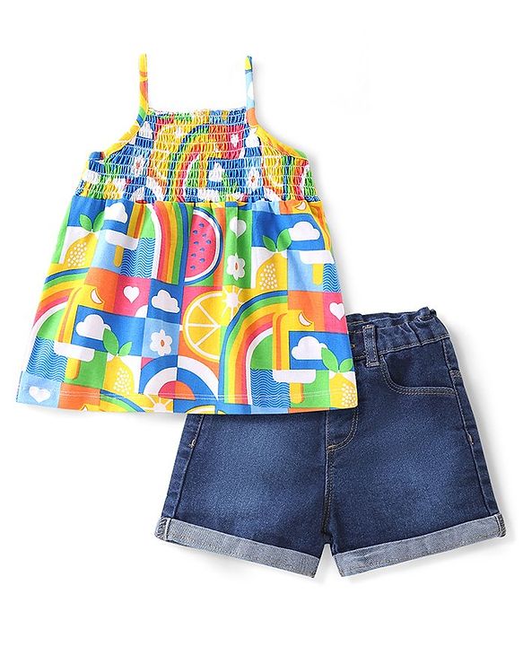 Babyhug 100% Cotton Knit Sleeveless Top & Shorts With Abstract Print - Multicolour