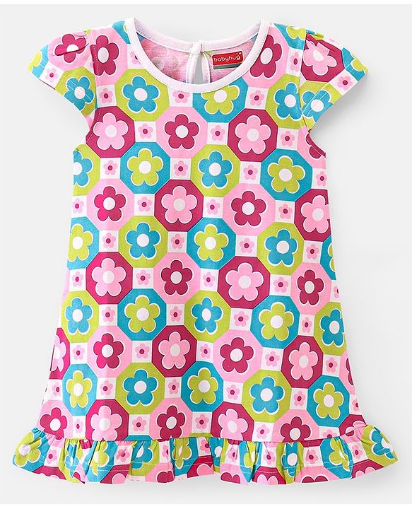 Babyhug Single Jersey Knit Cap Sleeves Nighty Floral Print - Pink