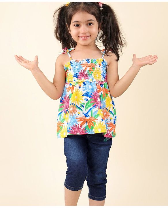Babyhug Single Jersey Knit Sleeveless Top & Denim Jeans Set Floral Print - Multicolor & Blue