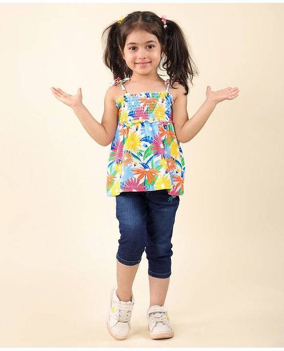 Babyhug Single Jersey Knit Sleeveless Top & Denim Jeans Set Floral Print - Multicolor & Blue