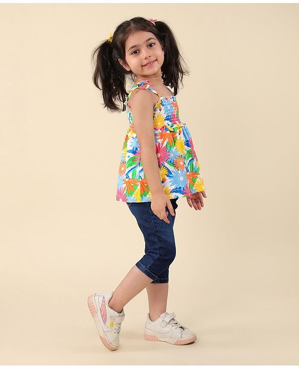 Babyhug Single Jersey Knit Sleeveless Top & Denim Jeans Set Floral Print - Multicolor & Blue