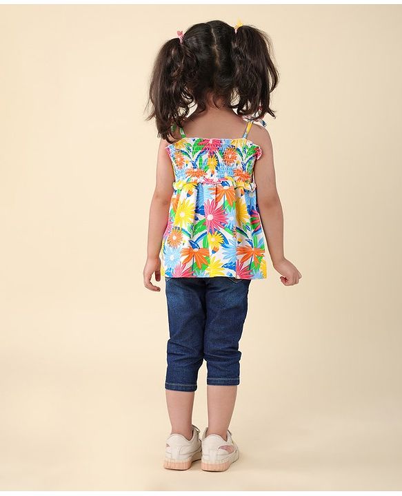 Babyhug Single Jersey Knit Sleeveless Top & Denim Jeans Set Floral Print - Multicolor & Blue
